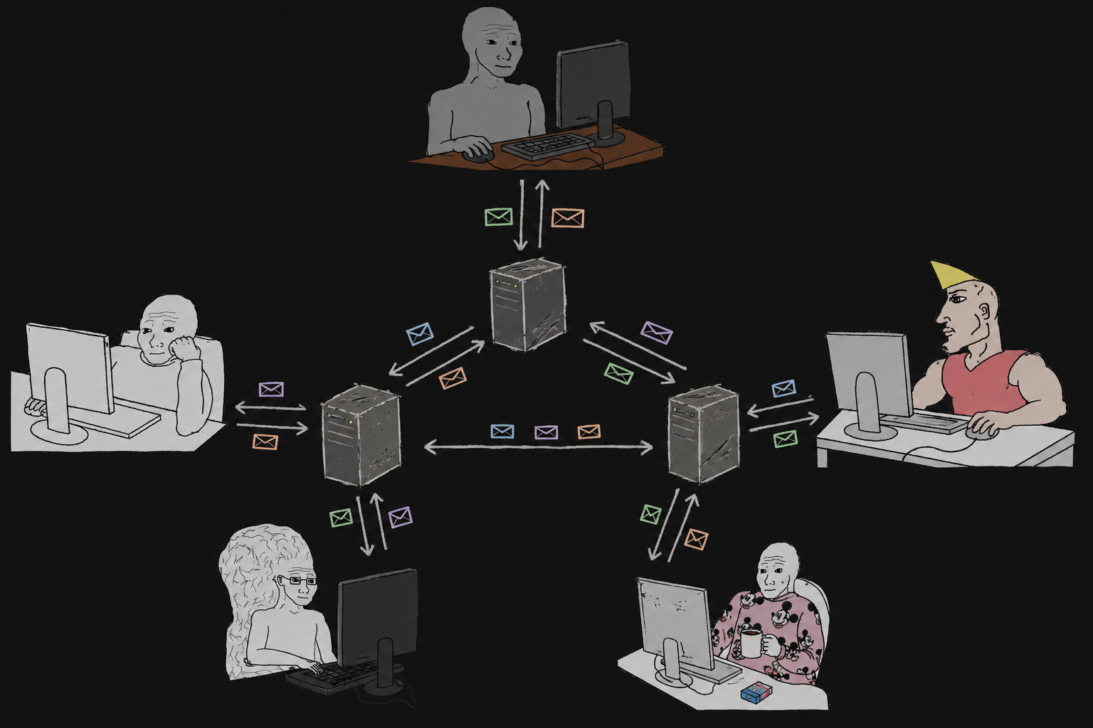 wojaks posting through usenet servers while messages bounce around between them